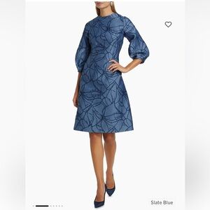 Teri Jon Rickie Freeman Jacquard Balloon Sleeve Cocktail Dress slate blue 10